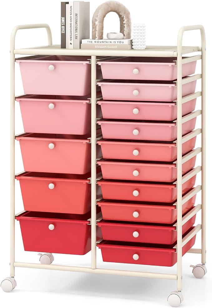 COSTWAY 15 Drawer Rolling Storage Cart, Mobile Storage Organizer | Removable Drawers & Metal Frame, Multipurpose Utility Tools Paper Organizer on Wheels for Home, Office (Mixed Pink) by COSTWAY