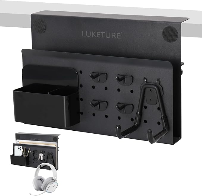 LUKETURE Desk Side Storage, No Drill Laptop Side Desk Mount, Steel Hanging Organizer, with Pegboard Accessories, Clamp on Laptop Holder for Office and Home, Fits Flat Edge Tables 0.3" to 2.8" by LUKETURE