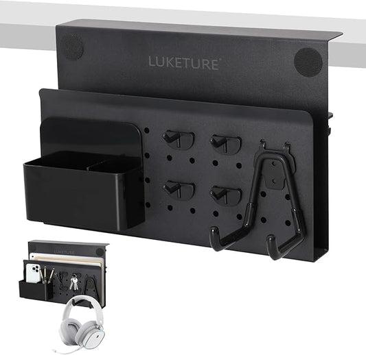 LUKETURE Desk Side Storage, No Drill Laptop Side Desk Mount, Steel Hanging Organizer, with Pegboard Accessories, Clamp on Laptop Holder for Office and Home, Fits Flat Edge Tables 0.3" to 2.8" by LUKETURE