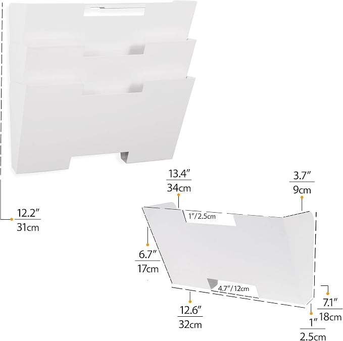 Wallniture Lisbon Wall File Holder Organizer for Office Storage, 3-Tier Mail and Magazine Holder Metal White - Image 3