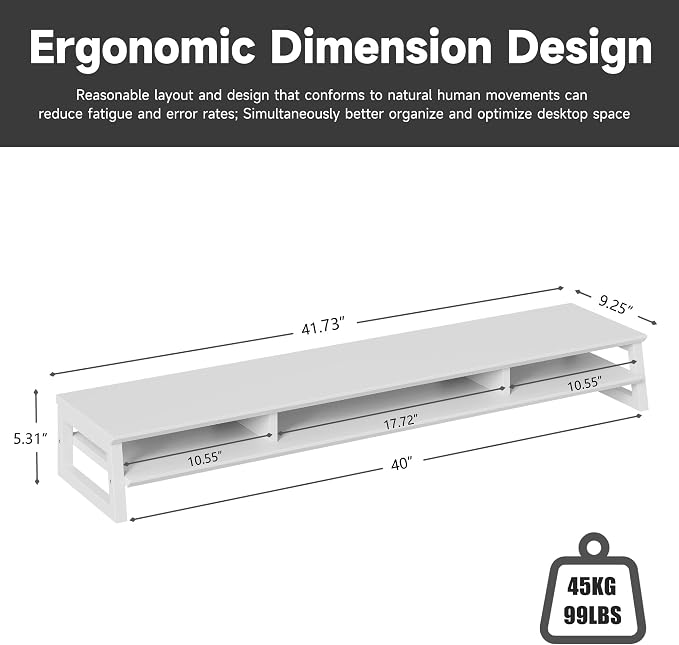 Dual Monitor Stand Riser for Desk, 41.7 Inch Large 2 Tier Computer Monitor Stand for 2 Monitors, Desktop Storage Organizer Shelf with Keyboard Space for Laptop PC Printer White - Image 6
