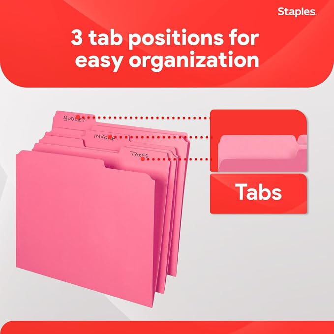 Staples Reinforced File Folders, 1/3-Cut Tab, Letter Size, Pink, 100/Box (508952) - Image 5