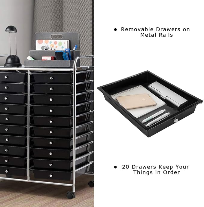 Giantex 20 Drawer Rolling Storage Cart Tools Scrapbook Paper Office School Organizer (25 x 15 x 35 Inch, Black) - Image 7