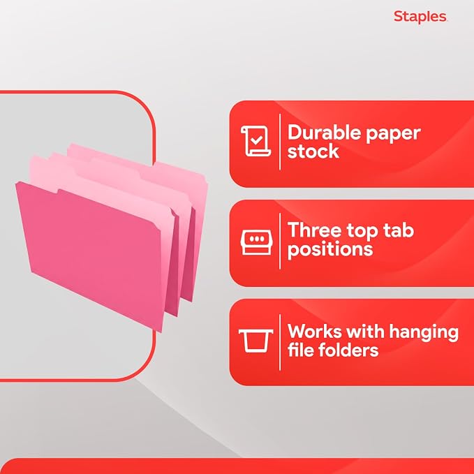 Staples Reinforced File Folders, 1/3-Cut Tab, Letter Size, Pink, 100/Box (508952) - Image 4