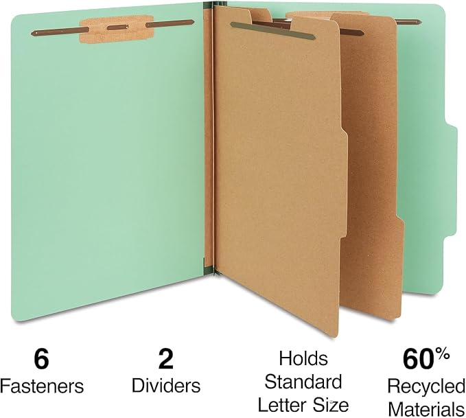 Staples Pressboard Classification Folder, Letter Size, 2 Dividers, 2.5″ Expansion, Light Green, Durable Construction, 40/Carton - Image 2