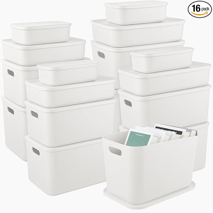 16 Pack Plastic Storage Bins with Lids Stackable Classroom Organization Bins 4 Size Combination Craft Organizers for Home Office, Organize Craft Shoes Tools Snacks(White) by Unknown