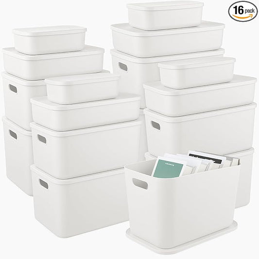 16 Pack Plastic Storage Bins with Lids Stackable Classroom Organization Bins 4 Size Combination Craft Organizers for Home Office, Organize Craft Shoes Tools Snacks(White) by Unknown
