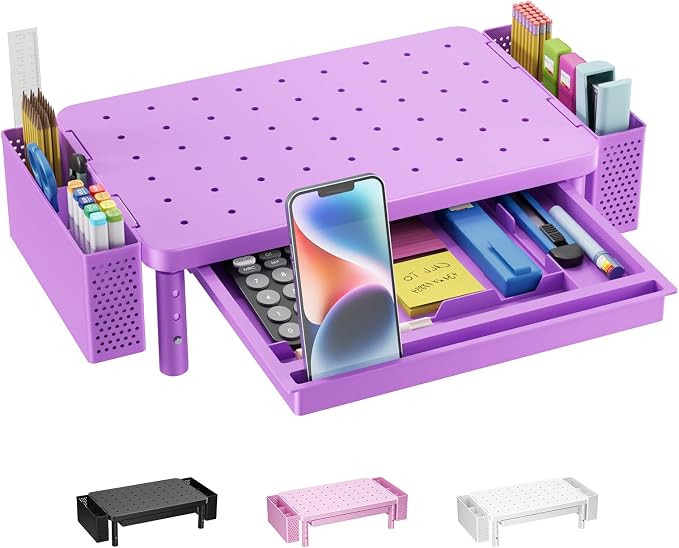 WALI Computer Monitor Stand with Storage, Desk Organizer with Drawer and Pen Holder, Desk Monitor Riser 3 Height Adjustable, Laptop Riser for Laptop, Printer (PTT003-V), 1 Pack, Violet by WALI