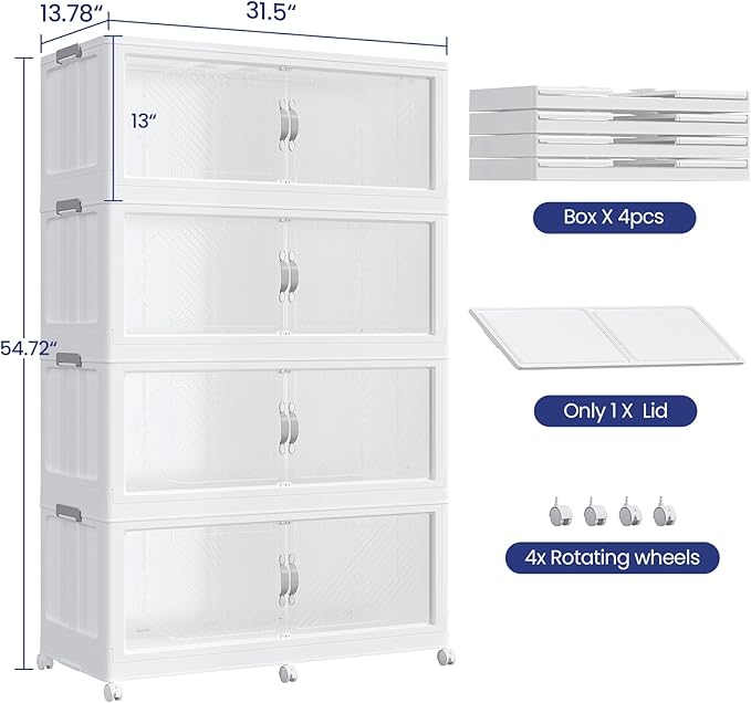 640QT Extra Large Stackable Storage Bins with Lid, 160Gal Plastic Closet Organizers and Storage Drawer, Collapsible Cabinet Box with Wheels Clear Doors for Home Kitchen Garage, 4Pack White - Image 2