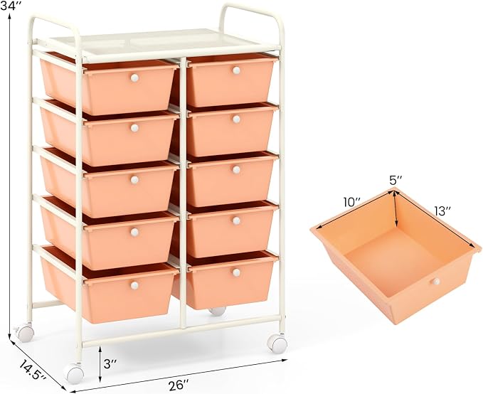 Giantex 10 Drawers Rolling Cart, Classroom Organizers, Storage Cart with Wheels, for Teacher Office Home School Supplies Tool Craft Art Paper, Peach Fuzz - Image 3