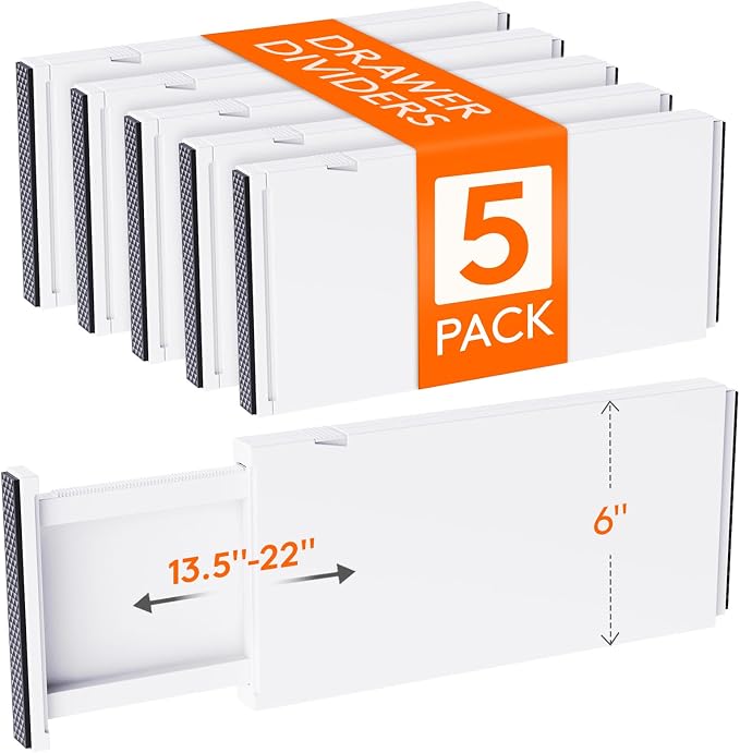 Lifewit 6" Tall Upgrade Drawer Dividers, Adjustable Deep Drawer Organizer | 13.5"-22" Expandable White Drawer Separator for Clothes, Dresser/Kitchen/Closet/Bedroom/Office Organization & Storage, 5 Pack by Lifewit