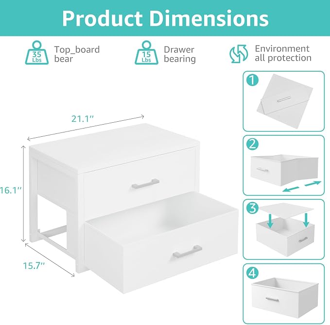 BOLUO Stackable Storage Drawers Closet Organizers and Storage Bins Fabric White 2 Drawer Dresser for Bedroom Office Modern - Image 3