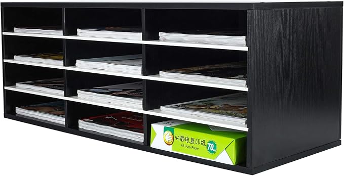 Mail Sorter, Wood Countertop Literature Organizer, Student Mailbox for Classroom, Desktop Bill Paper Organizer for Office Home School, 12 Compartments, Black & White by PAG