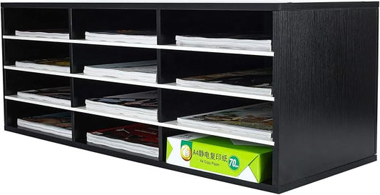Mail Sorter, Wood Countertop Literature Organizer, Student Mailbox for Classroom, Desktop Bill Paper Organizer for Office Home School, 12 Compartments, Black & White by PAG