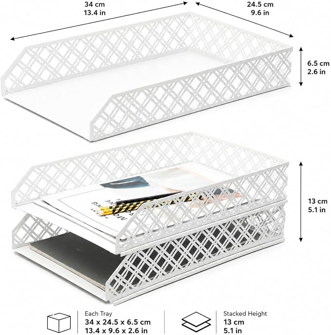 Exerz Letter Trays 2pcs Stackable Paper Sorter/Desk Organiser/File Tray for Desk - Wire Mesh Metal File Rack - Office, School, Home Study (White) - Image 2