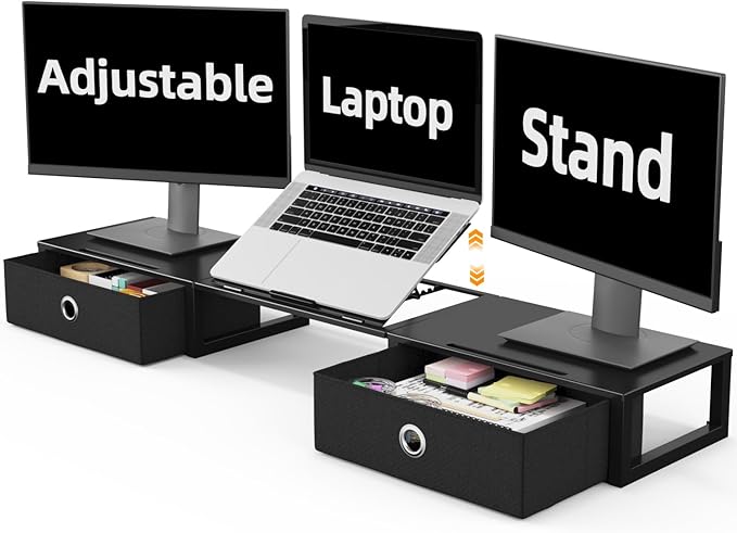 WESTREE Monitor Stand Riser with Adjustable Laptop Stand Riser, Steel Frame Dual Monitor Stand with Two Drawers for 2 Monitors, Desktop Oraganizer Stand for Computer,Laptop,Screen by WESTREE