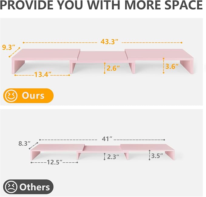 TAVR Dual Monitor Stand Riser, Wooden Computer Monitor Stand for 2 Monitors | Extra Long Multifunctional Desktop Organizer Riser for TV, PC Monitor, Laptop, Printer, Max 43.3" Length, Pink - Image 8