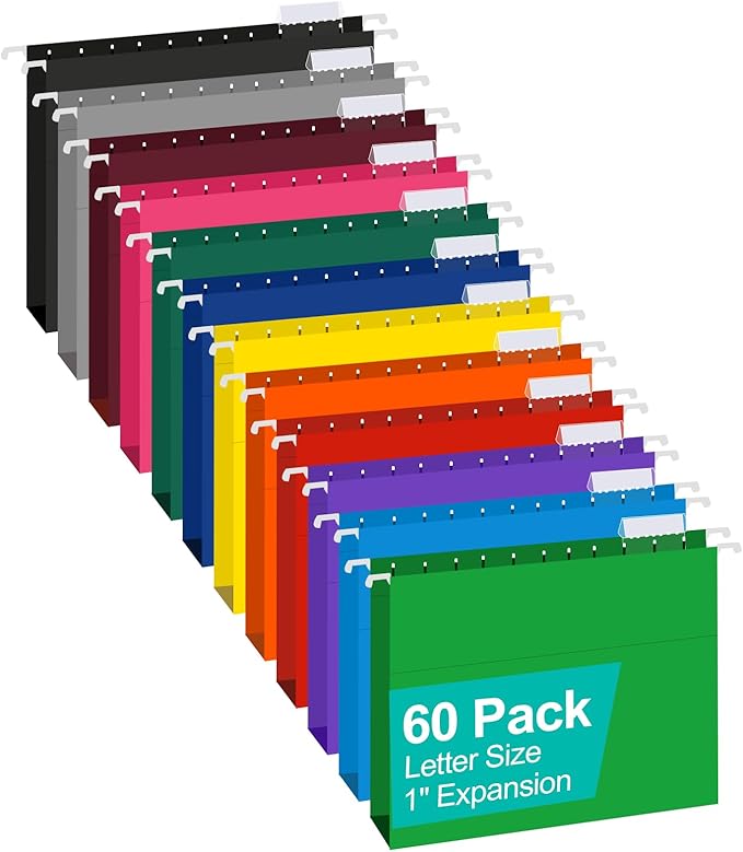 HERKKA Extra Capacity Hanging File Folders, 60 Pack Reinforced Letter Size Hanging Folders with Heavy Duty 1 Inch Expansion, Designed for Bulky Files, Medical Charts, 12 Assorted Colors by HERKKA