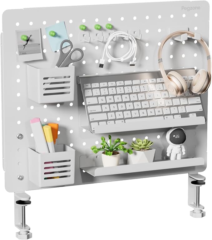 Clamp on Desk Pegboard, 20.4" x 16.5", with 15 Accessories, White | Magnetic Metal Peg Board, Desk Organizer for Office Gaming Home, Privacy Panel, Large by Pegzone