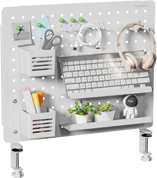 Clamp on Desk Pegboard, 20.4" x 16.5", with 15 Accessories, White | Magnetic Metal Peg Board, Desk Organizer for Office Gaming Home, Privacy Panel, Large by Pegzone