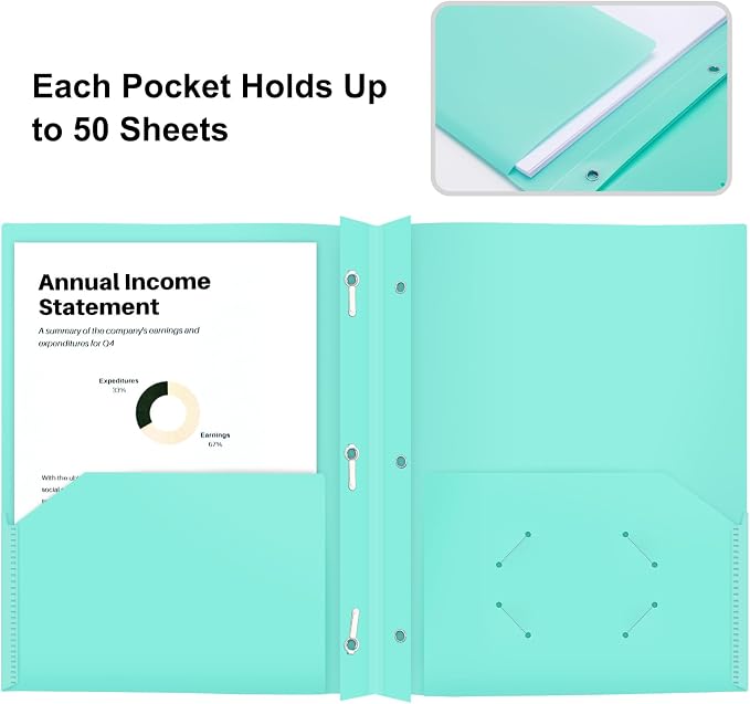ViVin 12-Pack Pastel Color Folders - Durable Plastic Folders with 2 Pockets and 3-Prong Fasteners, Cute for School, Home and Office (Light Green) - Image 3