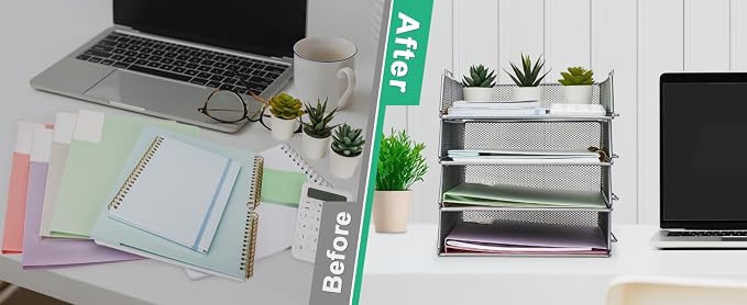 EXERZ Paper Sorter 4pcs Tier Stackable A4 Desk Organiser Letter Tray Silver | Durable Metal Mesh Holds Papers Files Folders Notebooks And Magazines For Office Home Study Classroom Desks - Image 7