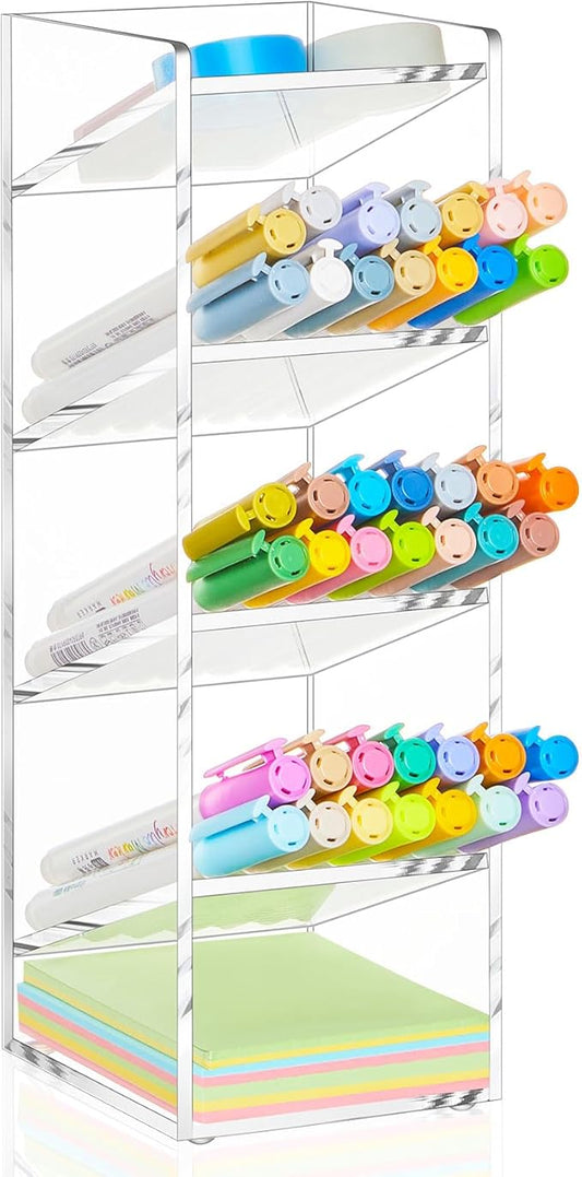 MotiMind Acrylic Pen Organizer Storage for 50 Markers Vertical Marker Organizer Acrylic Pen Display Holder for Office Desk Desktop Stationery Pencil Storage, Clear, 3.4 x 4 x 10.2 Inch by MotiMind