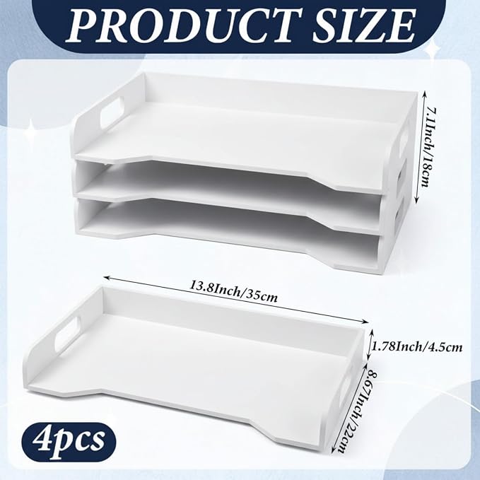 Wooden Stackable Paper Trays 4-Tier Wooden Paper Organizer for Desk Letter Documents Woodens Desktop File Organizers for Desktop File Holder and Office Supplies Rack for Home Office Use(White) - Image 2
