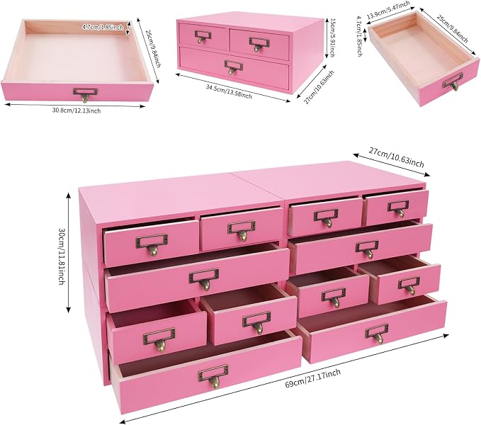 Stackable Wooden Desk Storage Box, 12 Drawers Tabletop Organizer, Pink | 4-Pack Countertop Apothecary Cabinet, Vintage Library Card Catalog Storage Cabinet with Metal Label Handles for Office Home - Image 2