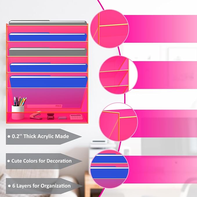 Gelite Hanging File Organizer Acrylic Wall File Holder for Office Vertical Paper Organizer Wall Mounted Magazine Rack, 5 Pockets, Neon Pink - Image 3