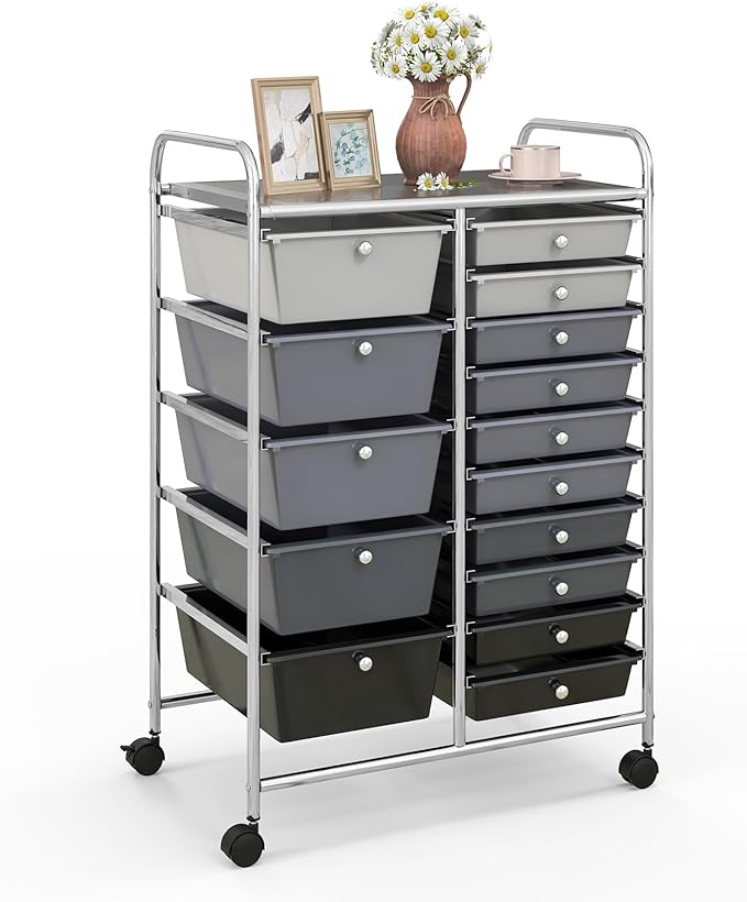 COSTWAY 15 Drawer Rolling Storage Cart, Mobile Utility Cart with Lockable Wheels, Drawers, Multipurpose Organizer Cart for Home, Office, School, Gradient Black by COSTWAY