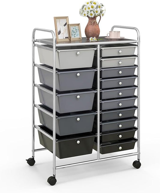 COSTWAY 15 Drawer Rolling Storage Cart, Mobile Utility Cart with Lockable Wheels, Drawers, Multipurpose Organizer Cart for Home, Office, School, Gradient Black by COSTWAY