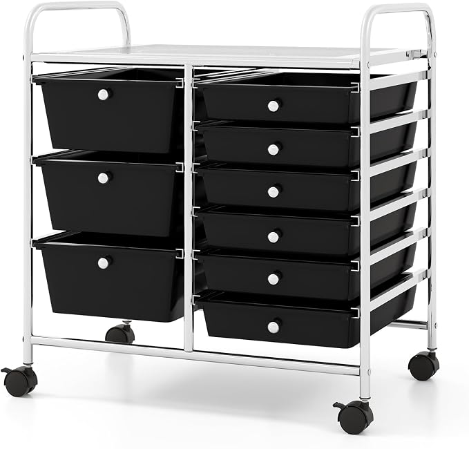 COSTWAY Rolling Storage Cart with 9 Drawer, Utility Cart with Metal Frame | Mobile Art Supply Craft Organizer, Multipurpose Storage Organizer for Paper, Office, School Teacher, Classroom, Black by COSTWAY