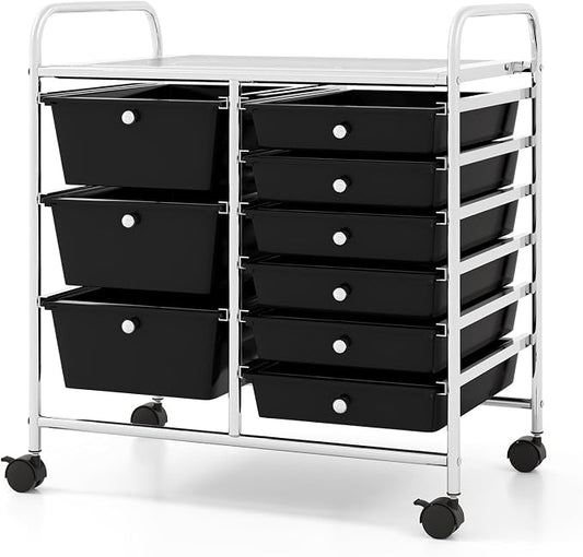 COSTWAY Rolling Storage Cart with 9 Drawer, Utility Cart with Metal Frame | Mobile Art Supply Craft Organizer, Multipurpose Storage Organizer for Paper, Office, School Teacher, Classroom, Black by COSTWAY