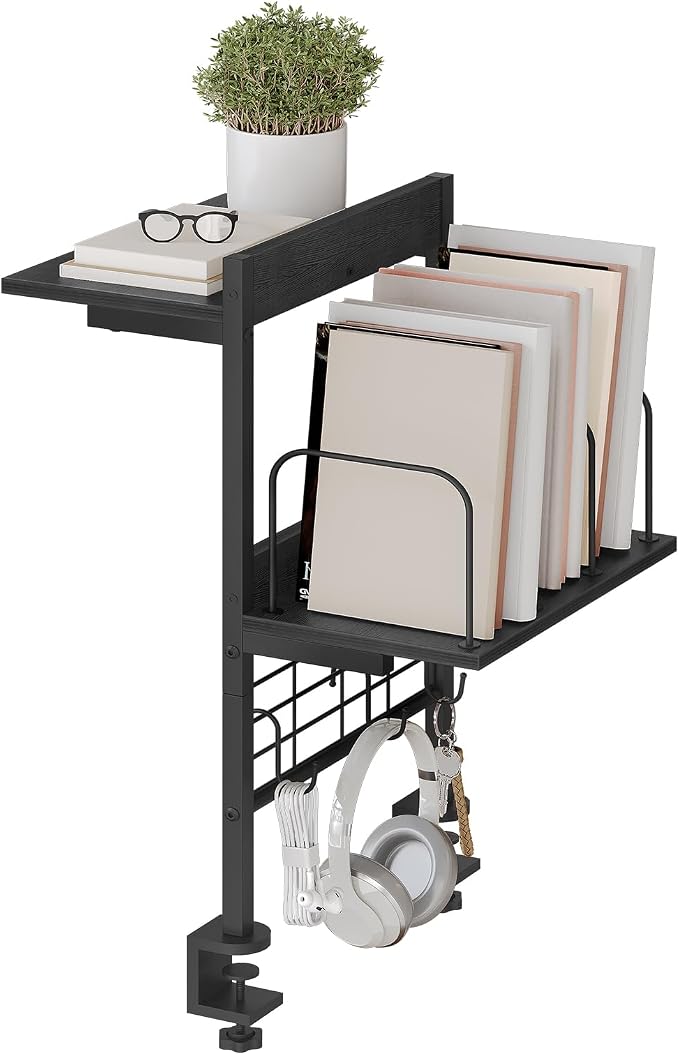 MAHANCRIS Clamp on Desk Shelf, 2 Tier Desk Storage Organizer, Desktop Bookshelf with Hooks and Divider, Desk Accessories for Study and Gaming Room, Black DSBK4501 - Image 9