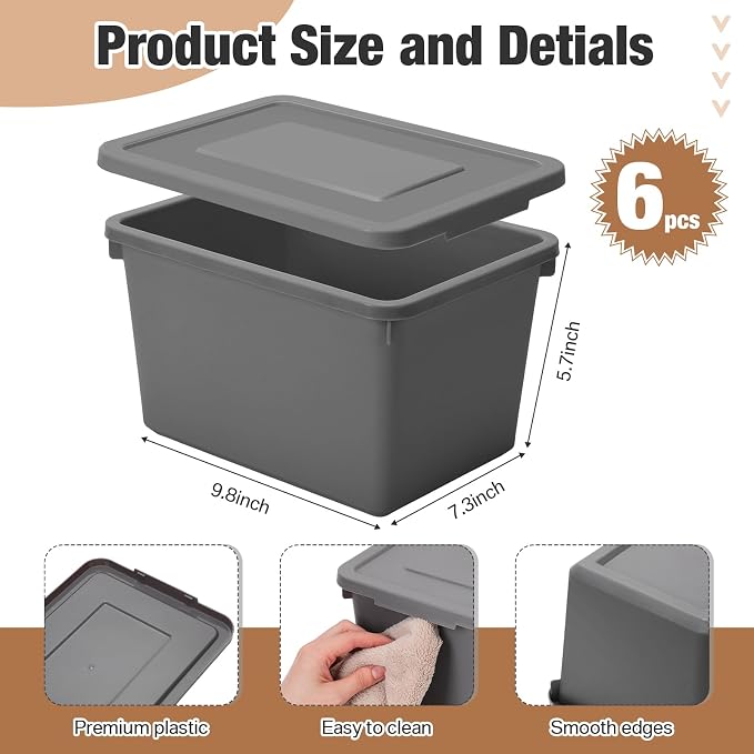 Potchen 6 Pcs Pack Small Stackable Storage Bins with Lids Plastic Storage Boxes for Classroom 9.8" ×7.3" ×5.7" Decorative Organizer Bins for Craft Art Office Teacher Supplies (Grey) - Image 2