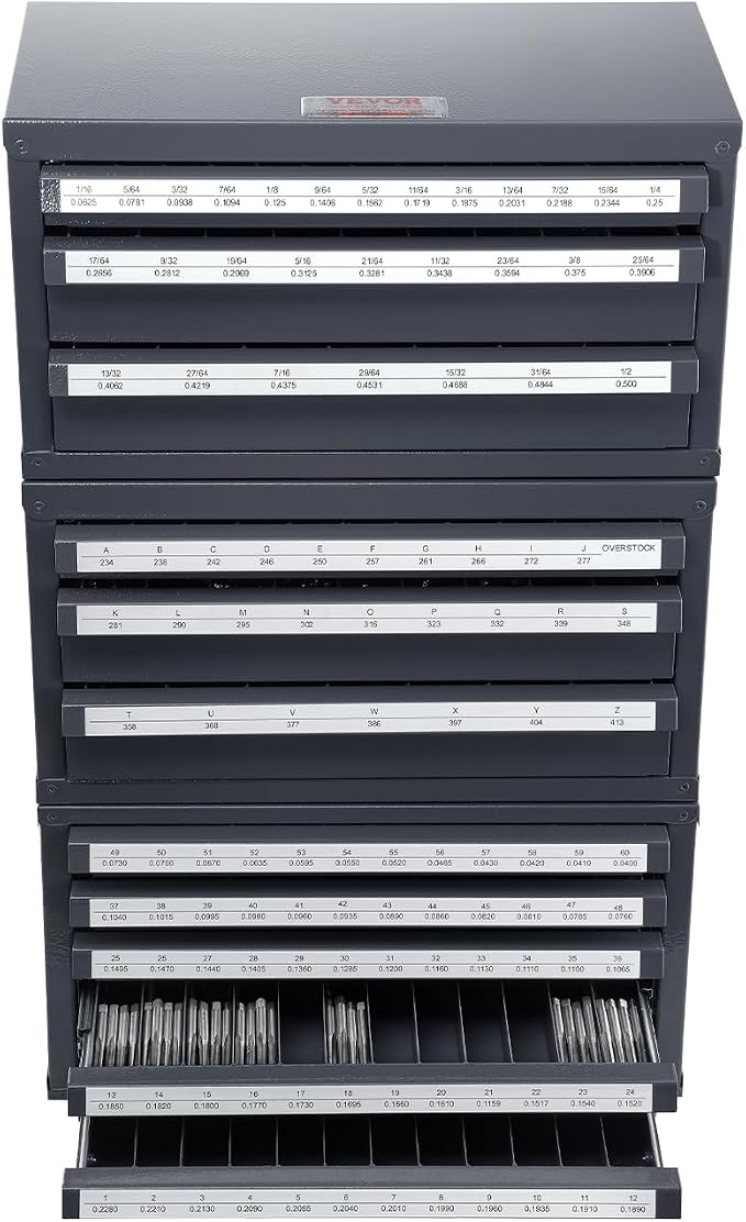VEVOR Drill Bit Dispenser Cabinet Set, Three-Drawer for 1/16" to 1/2" & Letter Sizes A to Z, Five-Drawer Drill Bit Organizer for Wire Gauge Sizes #1 to #60, 3 Pieces - Image 10