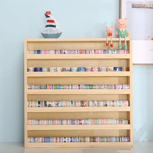 6 Layers Wood Washi Tape Box Organizer Storage with Hanging Hook,Masking Tape Desktop Tape DIY Sticker Roll Tape Cutter Holder Storage,Divider Closet Container Holder for Sewing,Thread - Image 2