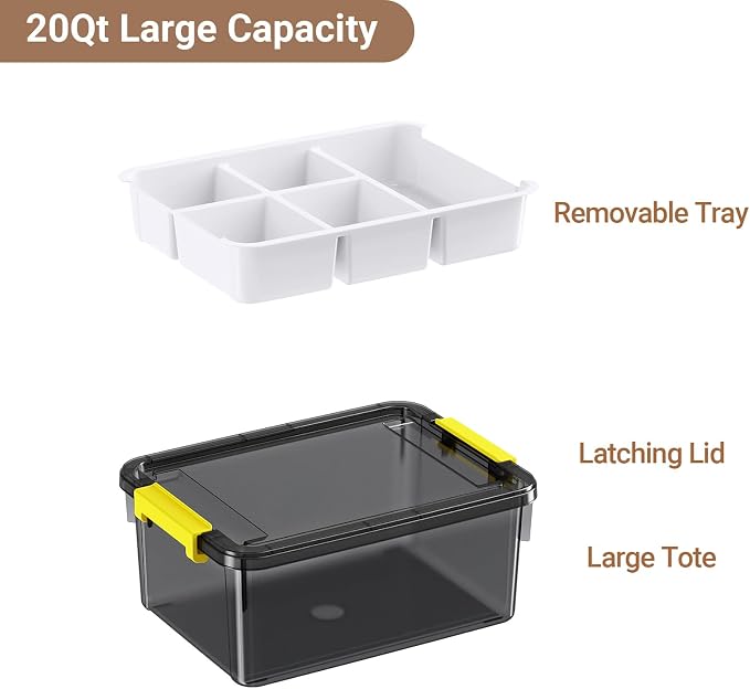 20Qt Stackable Storage Bins with Lids Trays Craft Box Organizers, 1Pack,GY | Clear Plastic Latching Boxes Organizers with Dividers Portable Containers for Arts & Crafts, Home Office Classroom Car Trunk - Image 2