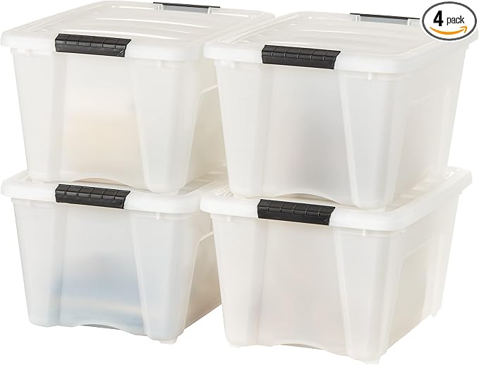 IRIS USA 4-Pack 32 Quart Storage Bins with Lids, Pearl | Conceals contents for a clean look. Great for linens, décor, closet storage, and supplies. Nestable design saves space by IRISUSA