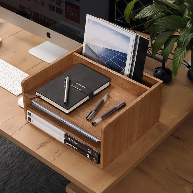 DDYURI 3 Tier Desktop Letter Tray for Office Desk Organizer and Accessories - Wood File Folder Holder for Paper Document Organizer Mail Sorter Workspace Counter Storage Book Shelf Light WJJ3K-LT - Image 2