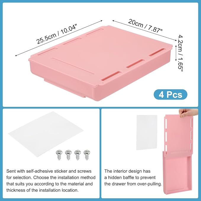 PATIKIL Under Desk Drawer, 4 Pcs Under Table Storage Self-Adhesive Attachment Drawers Organizer for Pens Standing Desk Office Studio Home, Pink, Large - Image 2