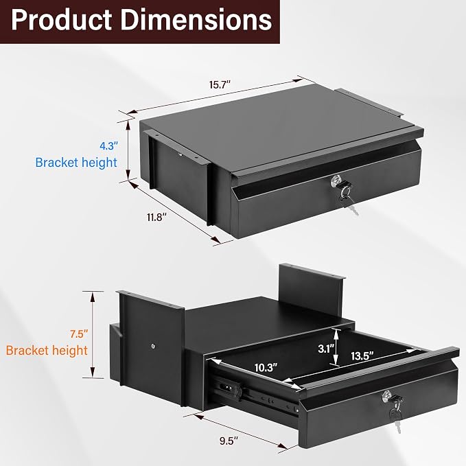 Under Desk Drawer 15.7" x 11.8" x 4.3" with Lock & Keys | Privacy Protection, Fits Framed & Unframed Desk, Smooth Slide Rail , Storage Organizer for Workbench, Office, Home - Image 2