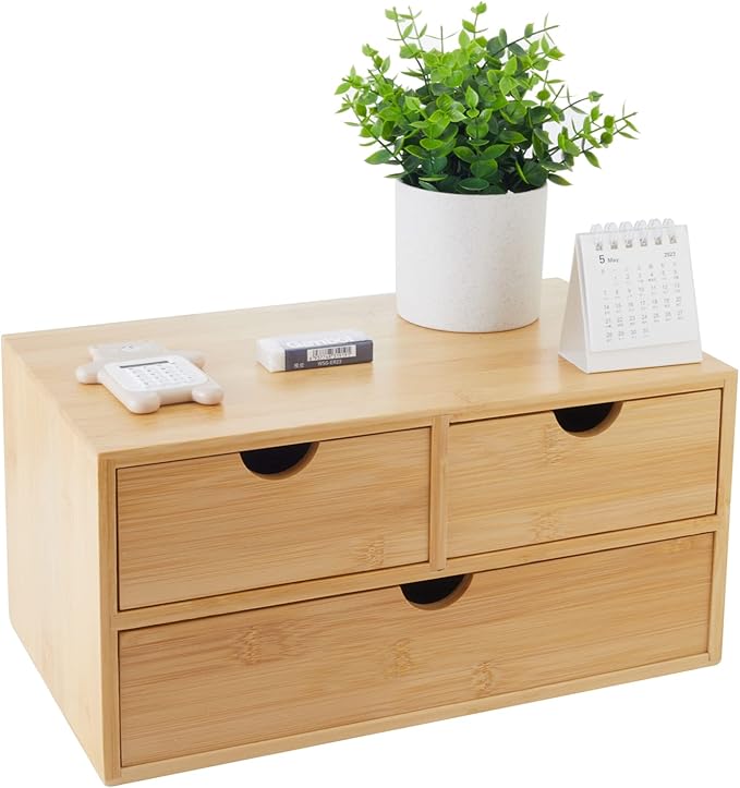 Charmewooden Bamboo Desk Organizer With Drawers Countertop Drawers Counter Storage Box Corner Desk Organizer for Home Office No Assembly Required (3 Drawers) by Charmewooden