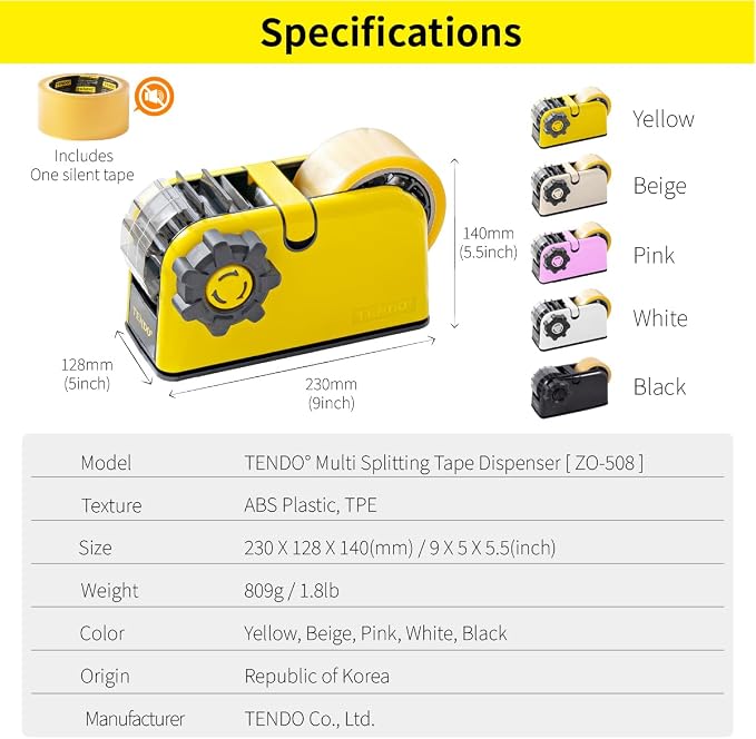 [TENDO°] TENDO Multi-Section Tape Dispenser, Custom Width Tape Cutter with 4 Cutting Sections, Built-in Safety Blade, Ergonomic Grip for Packing and Office Use, ZO-508(Yellow) - Image 8