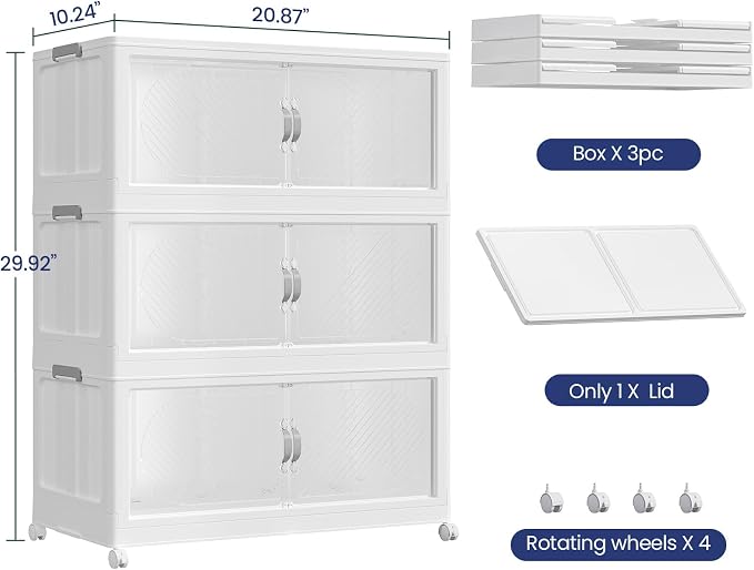 180QT Extra Large Stackable Storage Bins with Lid, 45Gal Plastic Closet Organizers and Storage Drawer, Collapsible Cabinet Box with Wheels Clear Doors for Home Kitchen Garage, 3Pack White - Image 2