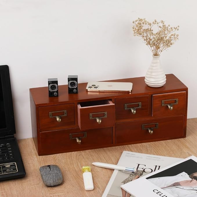 Apothecary Cabinet with Drawers, Apothecary Drawers, Brown 6 Wood Drawer | Vintage Wooden Storage Box Wood Desktop Organizer with Drawer, Library Card Catalog Cabinet - Image 5