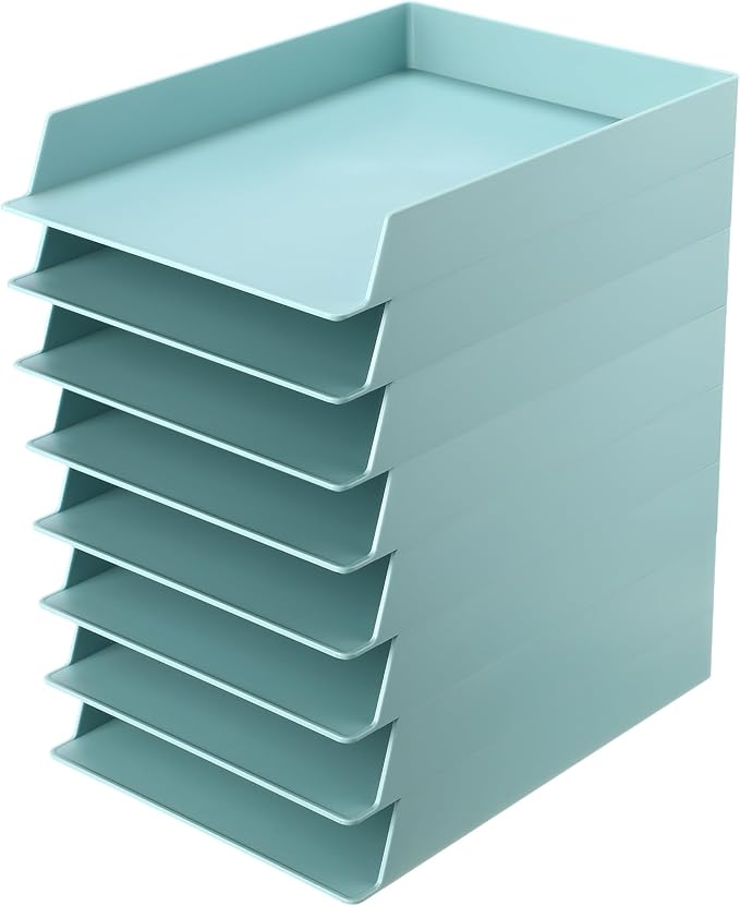 Tatuo 8 Pack Stackable Paper Trays Plastic Letter Tray Desk Organizer Paper Holder Organizer Storage Office Desk Accessories for Classroom Magazine File Documents 12.8 x 9.45 x 1.97, Blue Green by Tatuo