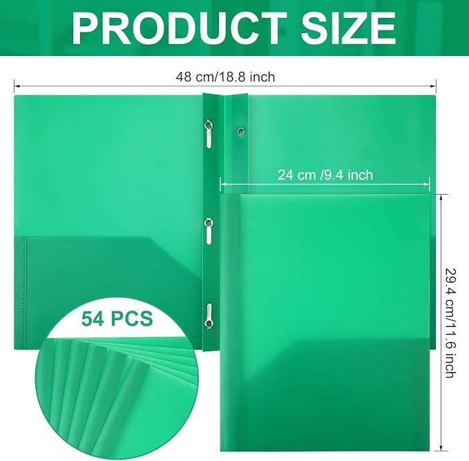 Cholemy 54 Packs Pocket Folders with Prongs Heavy Duty Plastic Folder with Business Card Slot 3 Prong Fasteners for School Office (Green) - Image 3