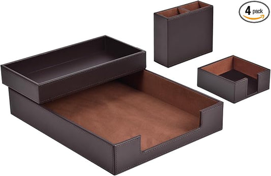 4 Pack Leather Office Supplies/Desk Organizer for Letter Paper Tray,Sticky Note Holder,Pen Cup,Stackable Small Letter Mail Sorter Tray,Workspace Decor for Women Men (Brown, 4-piece set) by RHCSZ